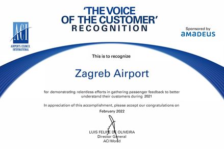Zagreb Airport received ACI World „The Voice of the Customer“ recognition